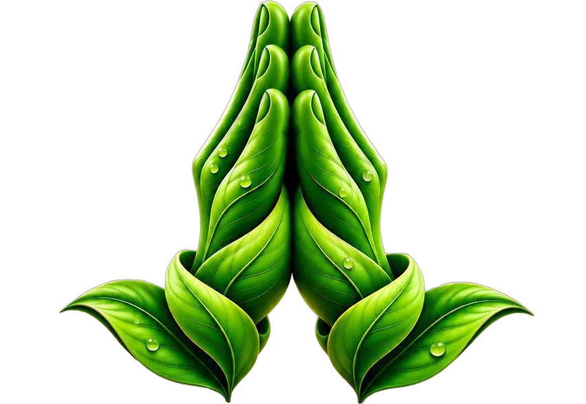 Hands folded in namaste, formed from mango leaves